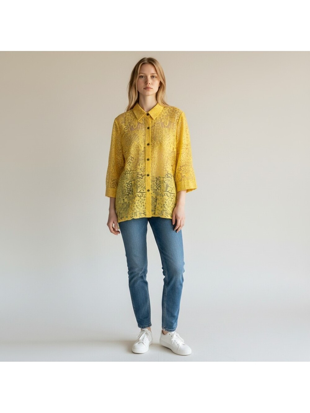White Stag Shirt Women M Medium Yellow Floral Button Up Collared 3/4 Sleeve